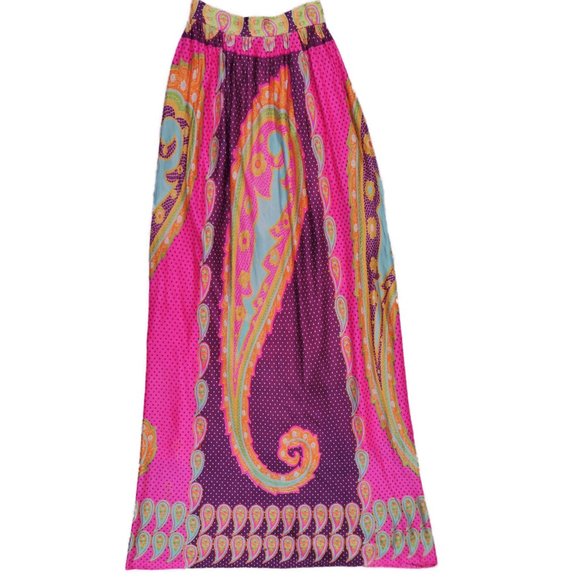 Vintage 60s 70s Psychedelic Neon Paisley Maxi Nylon Knit Skirt Lined Zipper Back